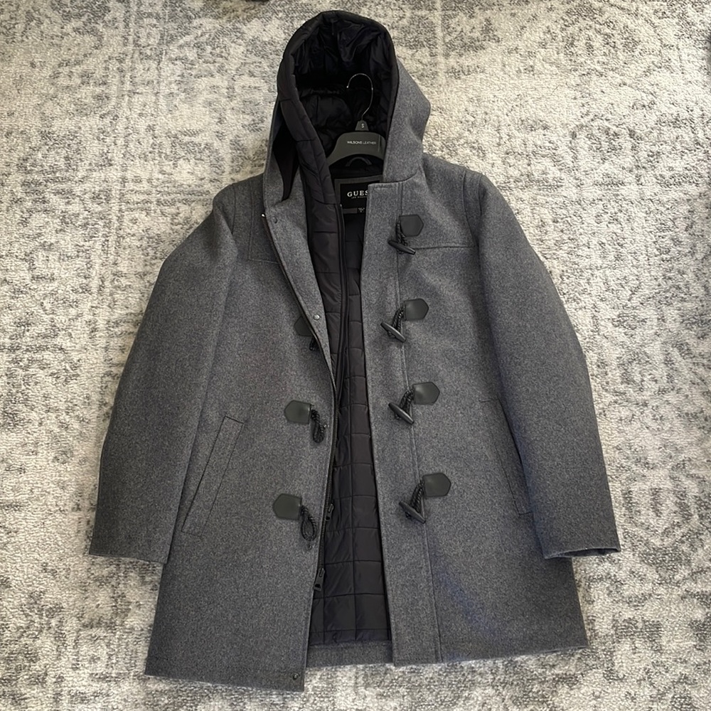 Guess - Grey pea coat jacket with liner. From Wilson’s Leather